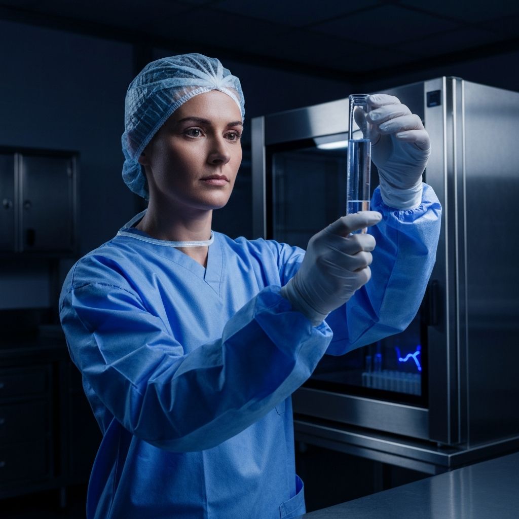 Healthcare professional examining water sample in sterile processing department